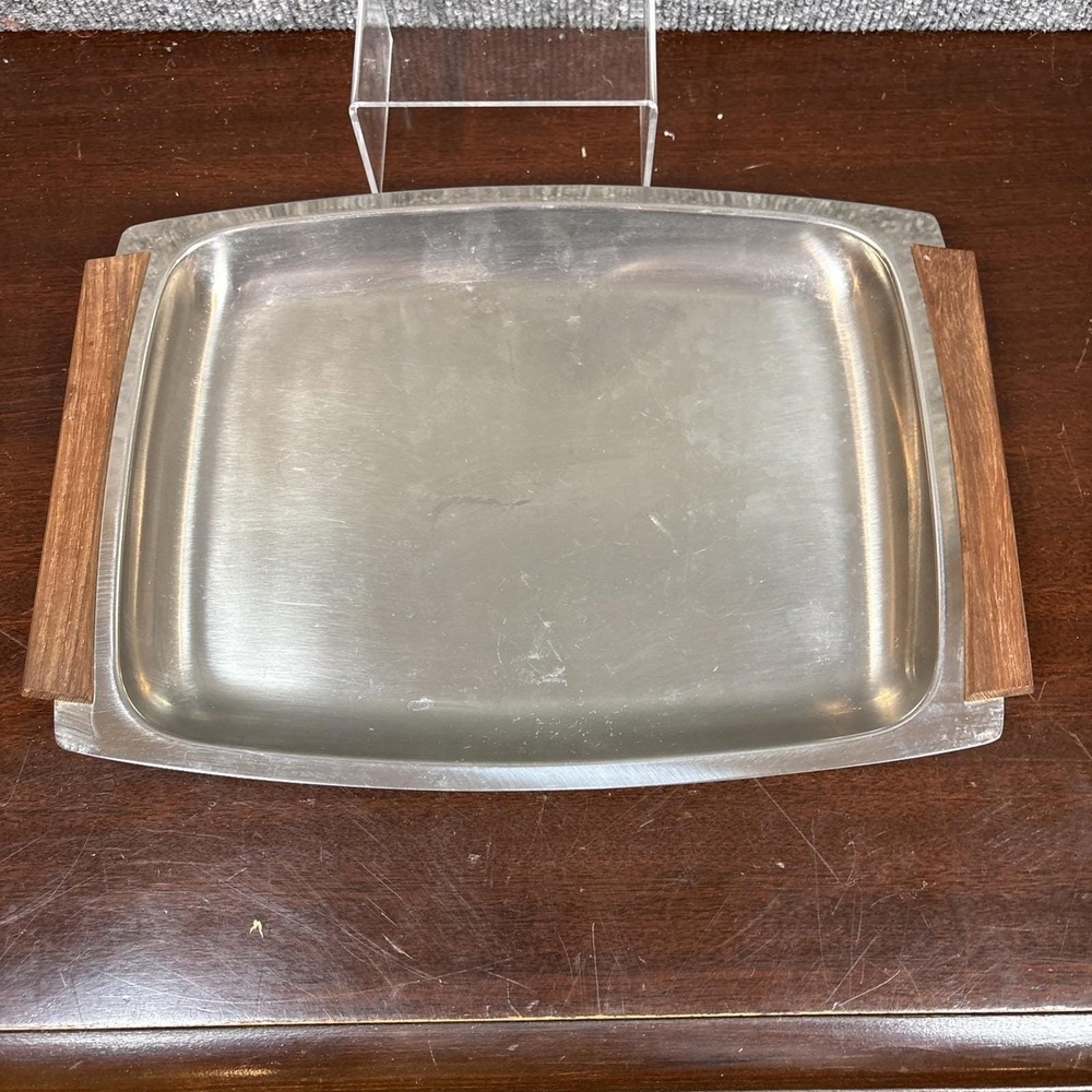 Vintage MCM Tray 18-8 Stainless Steel Teak Wood Handle KH Design Hong Kong S-801
